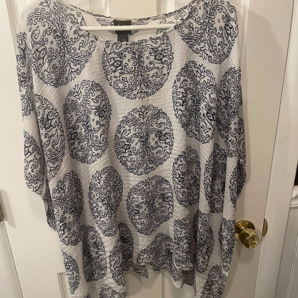 CHICO’s — elegant blue and white top with tassels! -- XL.
